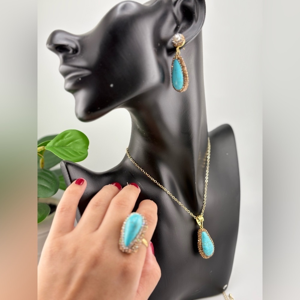 Turquoise Teardrop Jewelry Set โ Necklace, Earrings & Ring - Picture 13 of 15